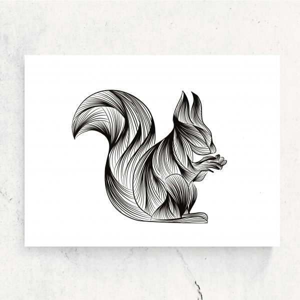 ansichtkaart illustratie eekhoorn bosdieren kinderkamer fine line zwart wit studio tosca