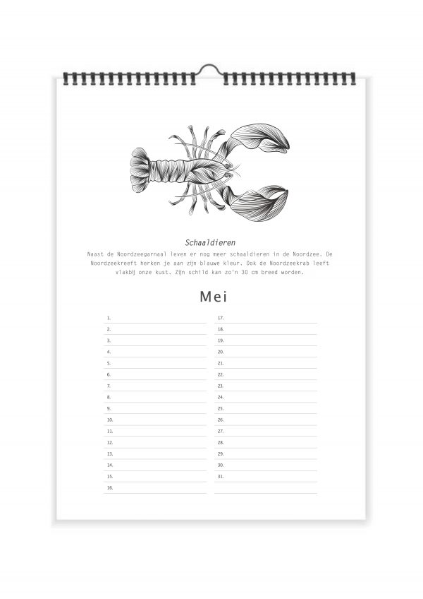 DIERENKALENDER zwart wit kreeft krab verjaardagskalender-A4-staand-13p