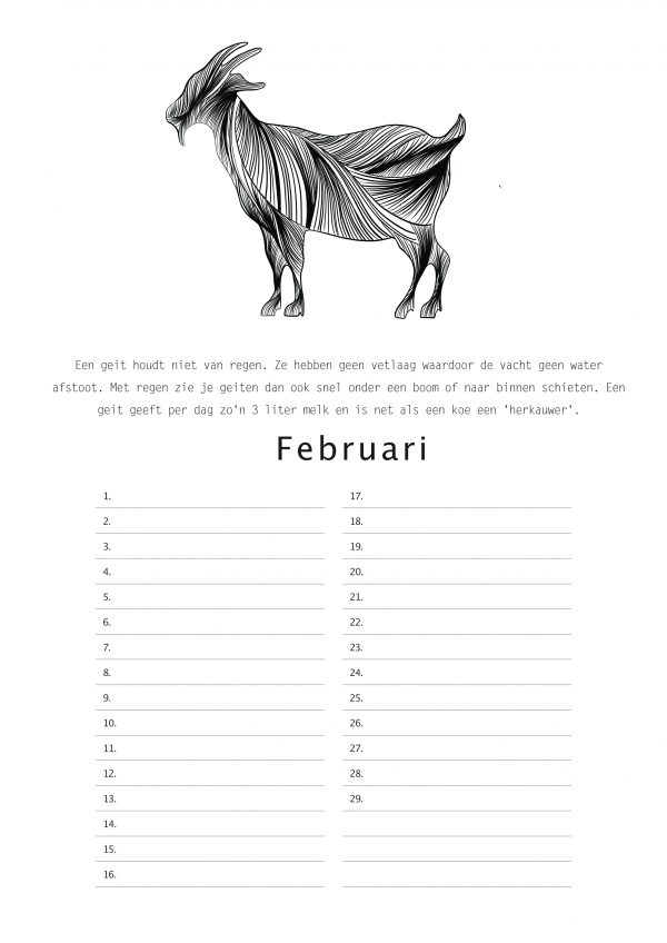 boerderijdieren kalender koe varken schaap geit konijn lijnillustratie zwart wit studio tosca