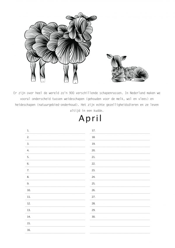 kalender varken boerderij koe schaap geit konijn lijnillustratie zwart wit studio tosca