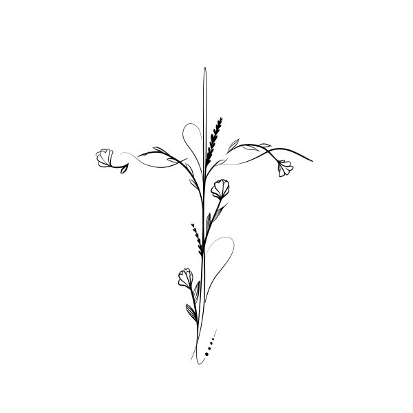 fine line tattoo kruis bloemen cross illustration illustratie bloemen flowers rouw studio tosca terschelling