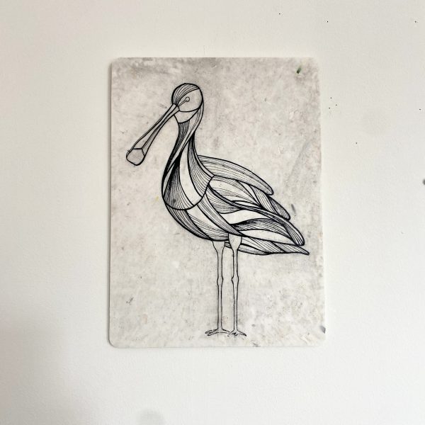 sustainable art duurzame kunst recycled plastic lepelaar vogel fine line illustratie